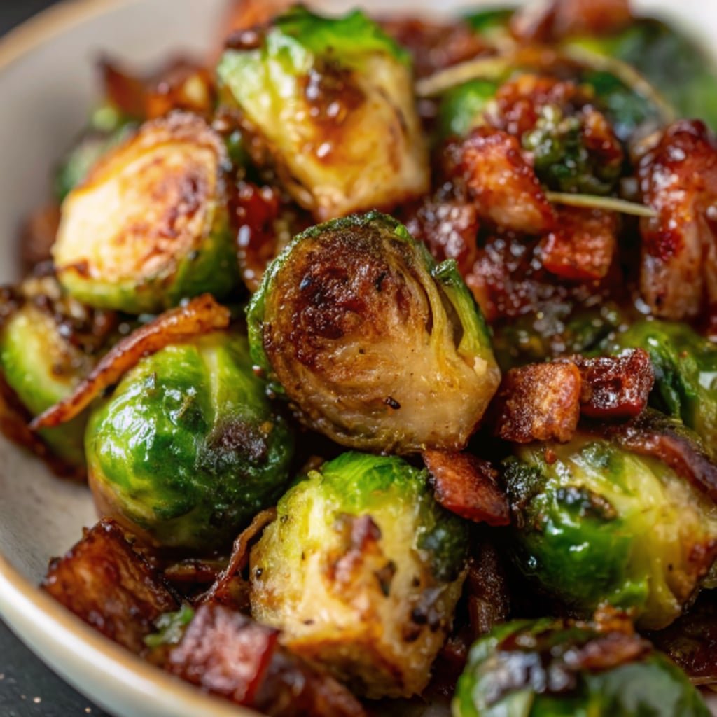 Bacon Brussels Sprouts in bowl with garnish
