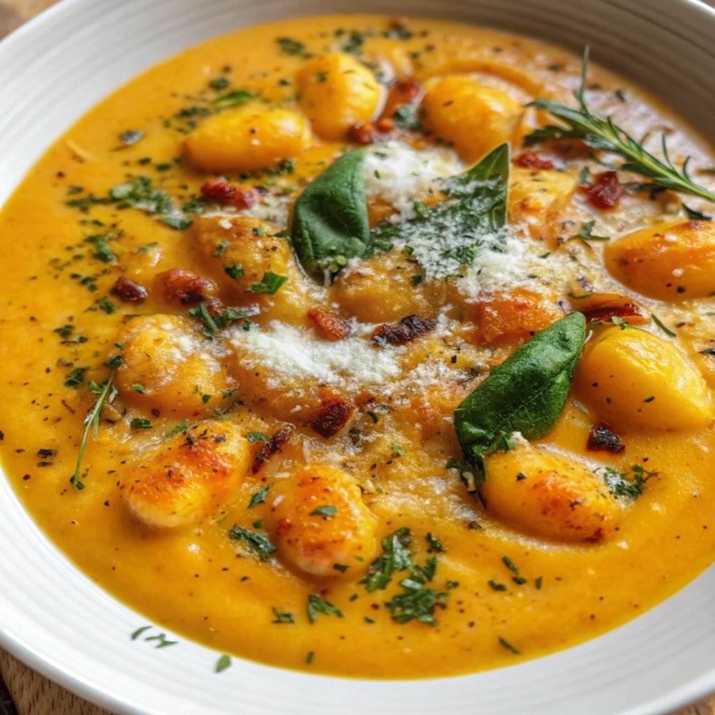 Close-up bowl of creamy Butternut Squash Gnocchi Soup with kale and Parmesan