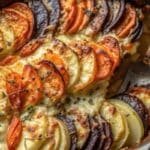 Cheesy Root Vegetable Gratin in a golden-brown baking dish.