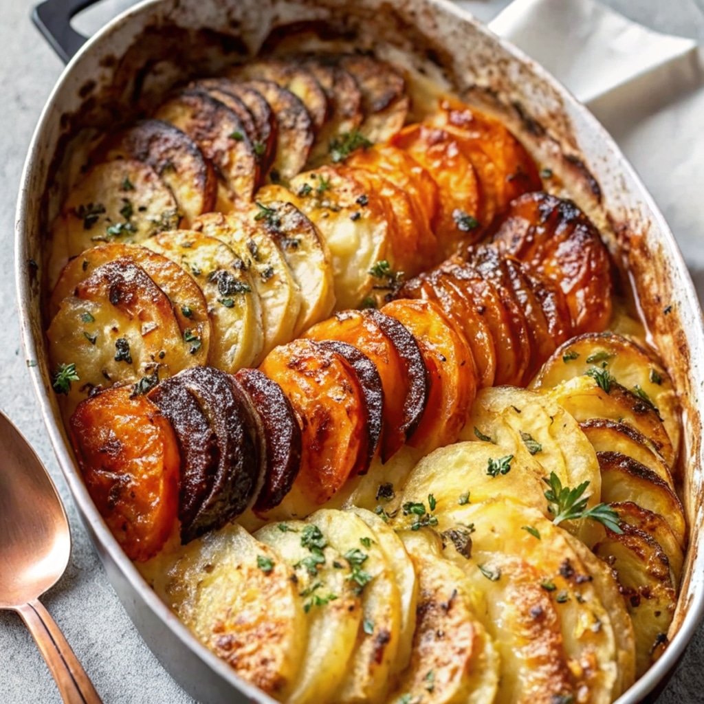  Cheesy Root Vegetable Gratin in a golden-brown baking dish.