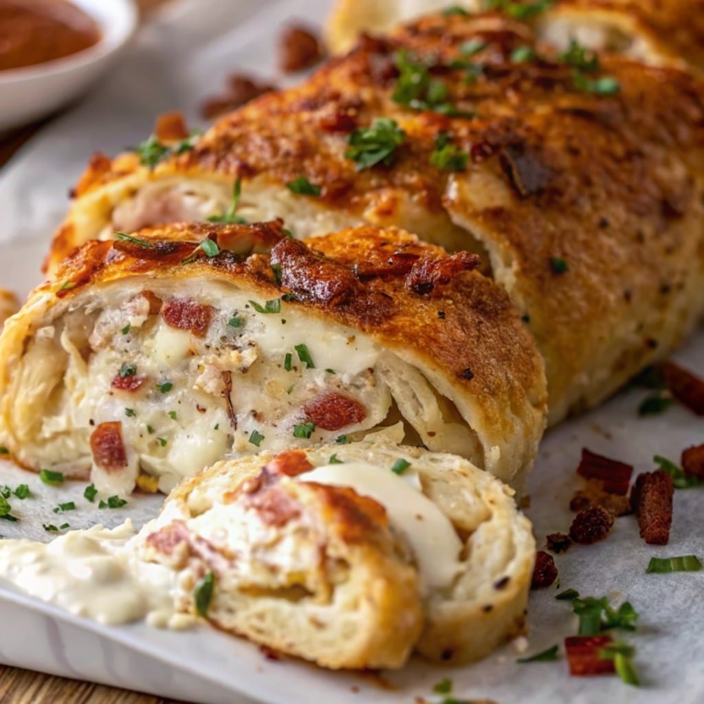  Chicken Bacon Ranch Stromboli sliced showing cheesy filling