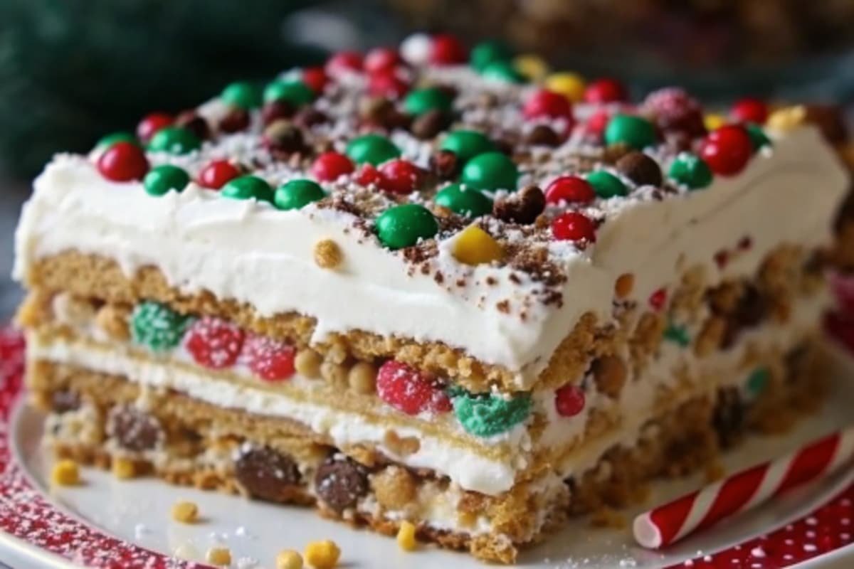 Best Christmas Cookie Lasagna: Easy No-Bake! Christmas Cookie Lasagna Christmas Cookie Lasagna layered dessert slice