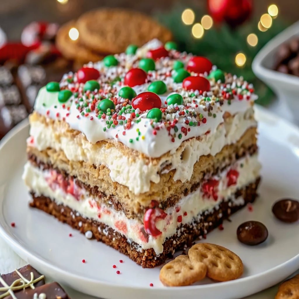 Best Christmas Cookie Lasagna: Easy No-Bake! Christmas Cookie Lasagna Served Christmas Cookie Lasagna with toppings