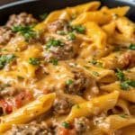 Creamy beef pasta for cozy nights close-up