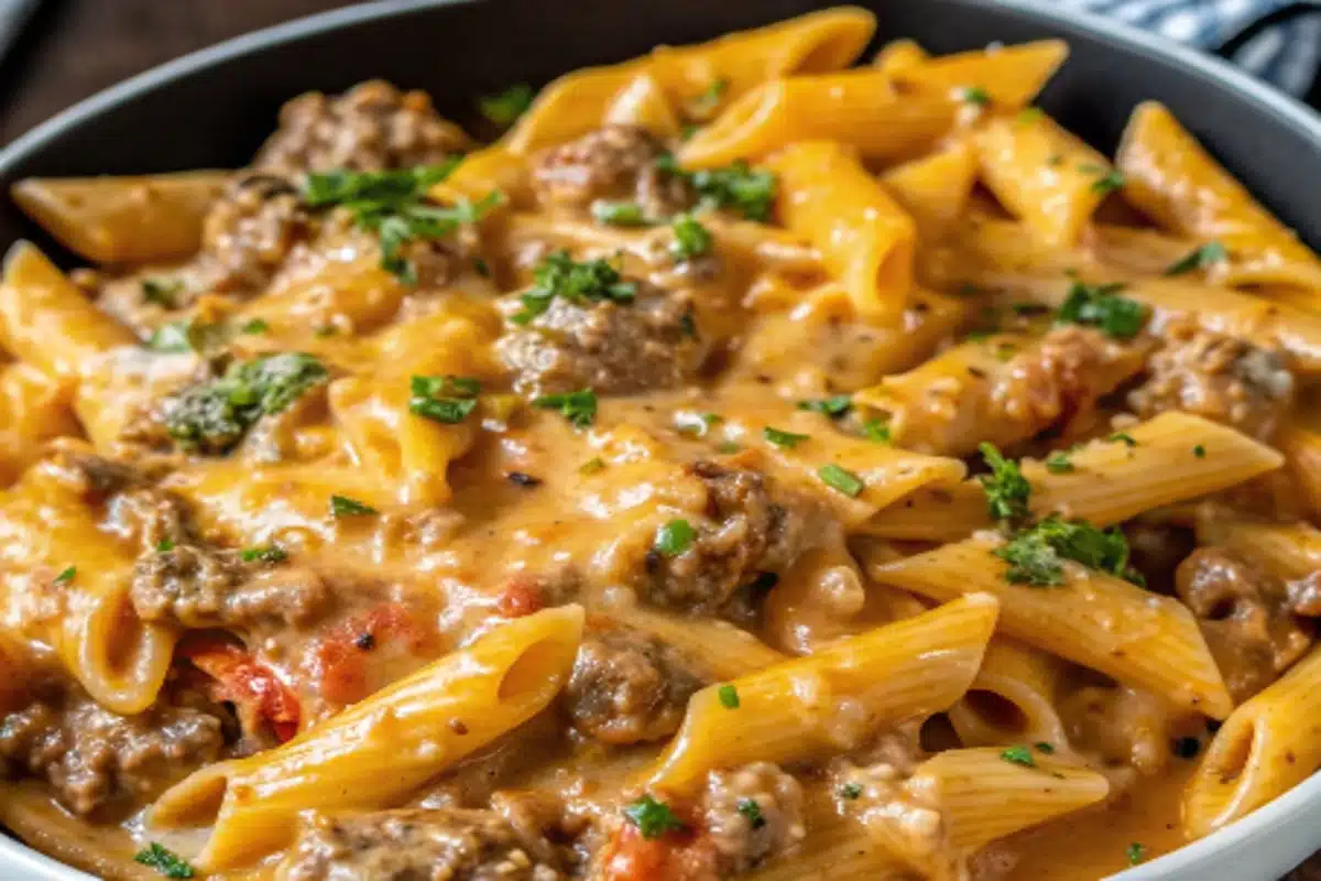 Creamy beef pasta for cozy nights close-up