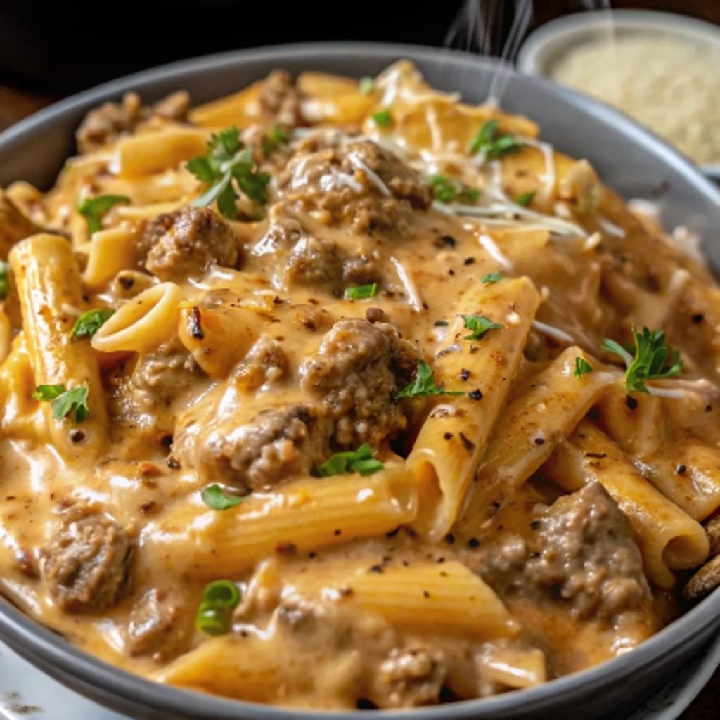Creamy beef pasta for cozy nights in skillet