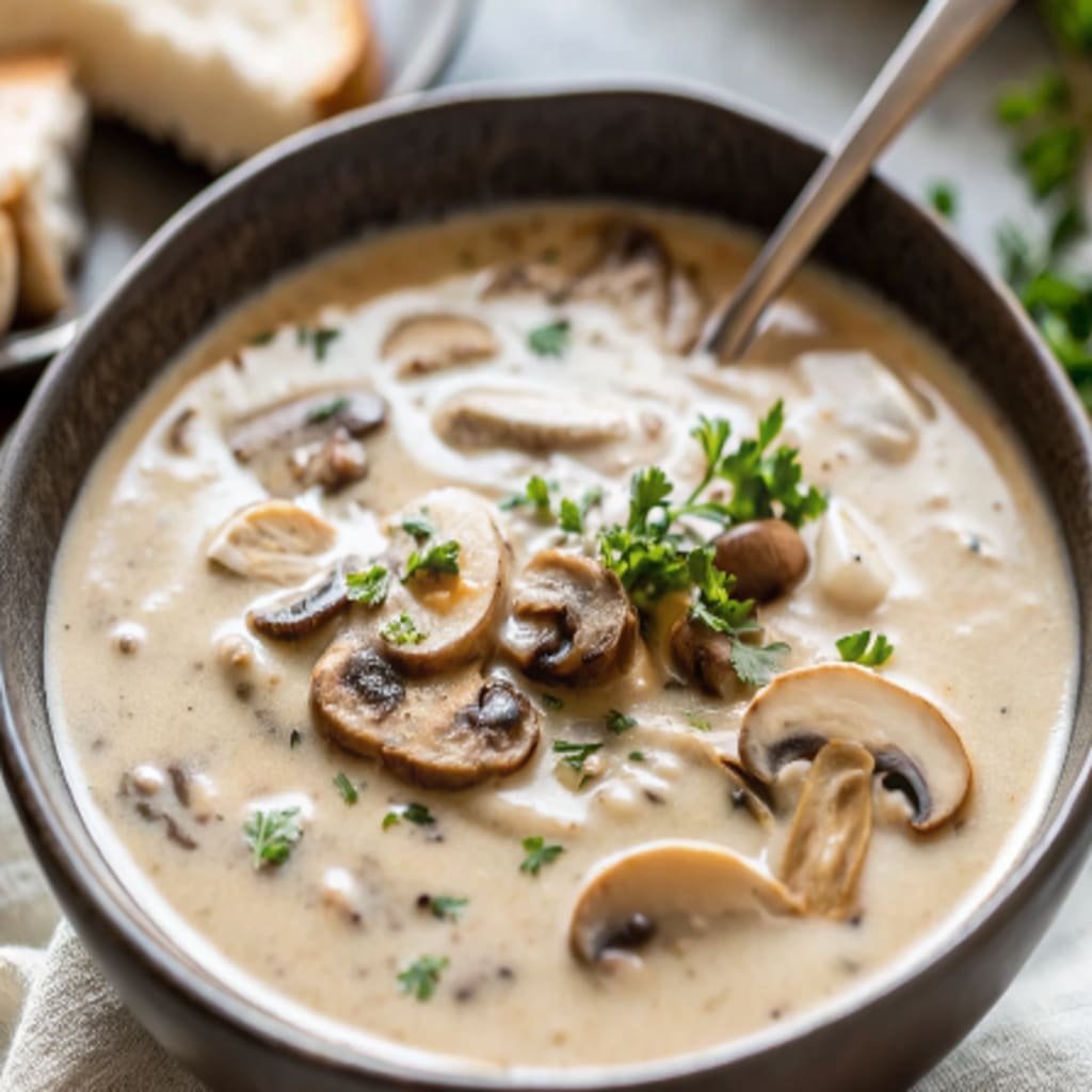 Creamy mushroom soup topped with thyme and olive
