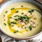 Creamy Potato Leek Soup garnished with fresh chives