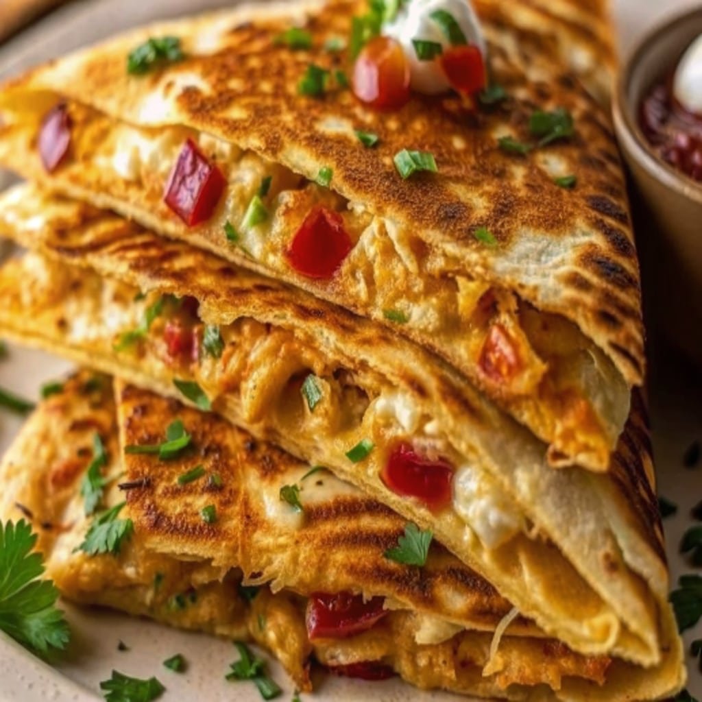 Easy chicken quesadilla served with guacamole and salsa