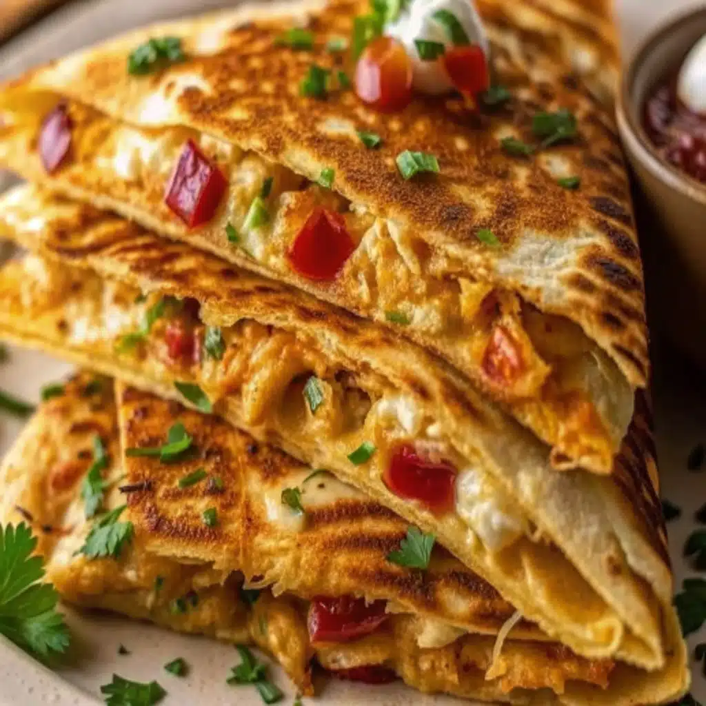 Easy chicken quesadilla served with guacamole and salsa