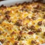 Hashbrown Breakfast Casserole fresh from the oven with melted cheese and sausage