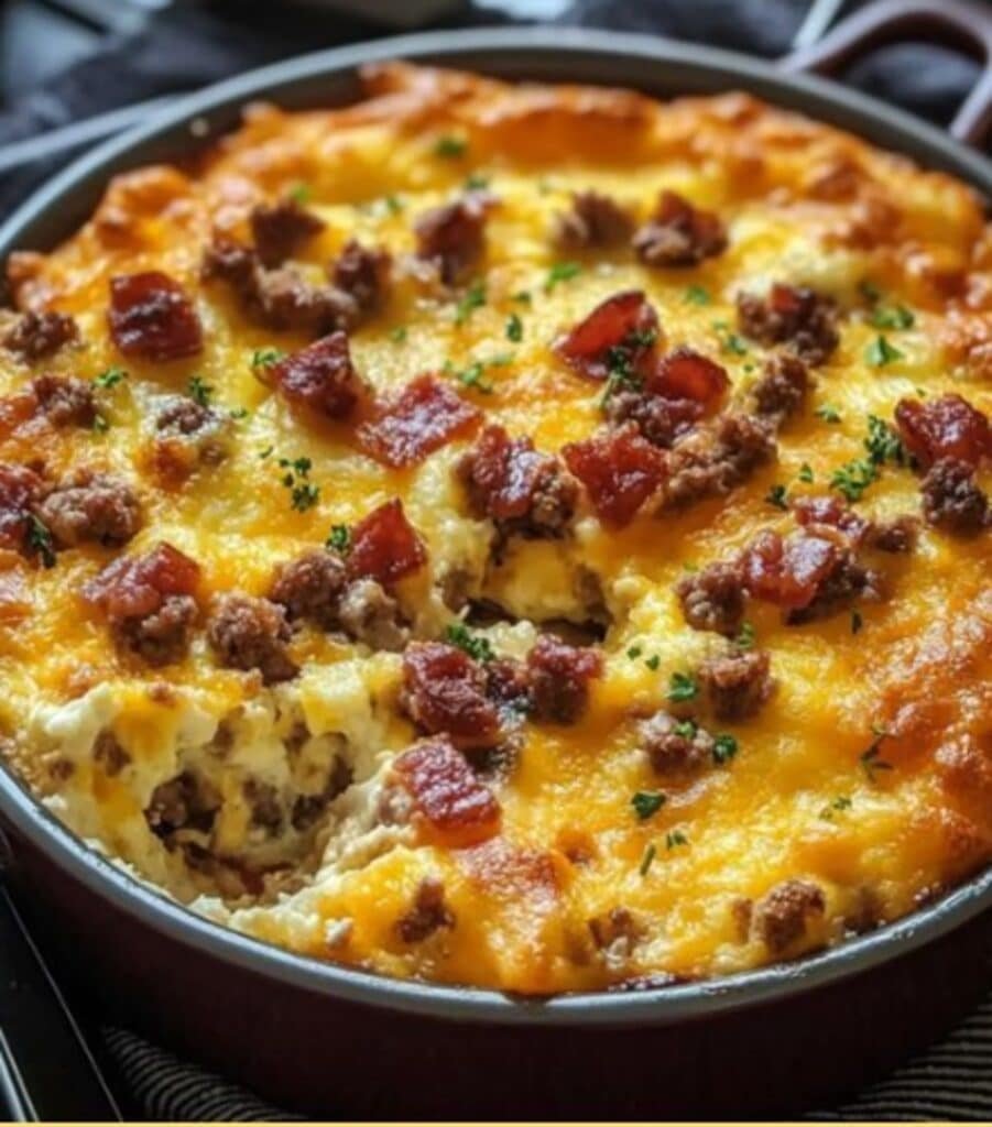 Keto Crack Breakfast Casserole with bacon and sausage baked golden brown in casserole dish