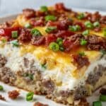 Keto Crack Breakfast Casserole with bacon and sausage baked golden brown