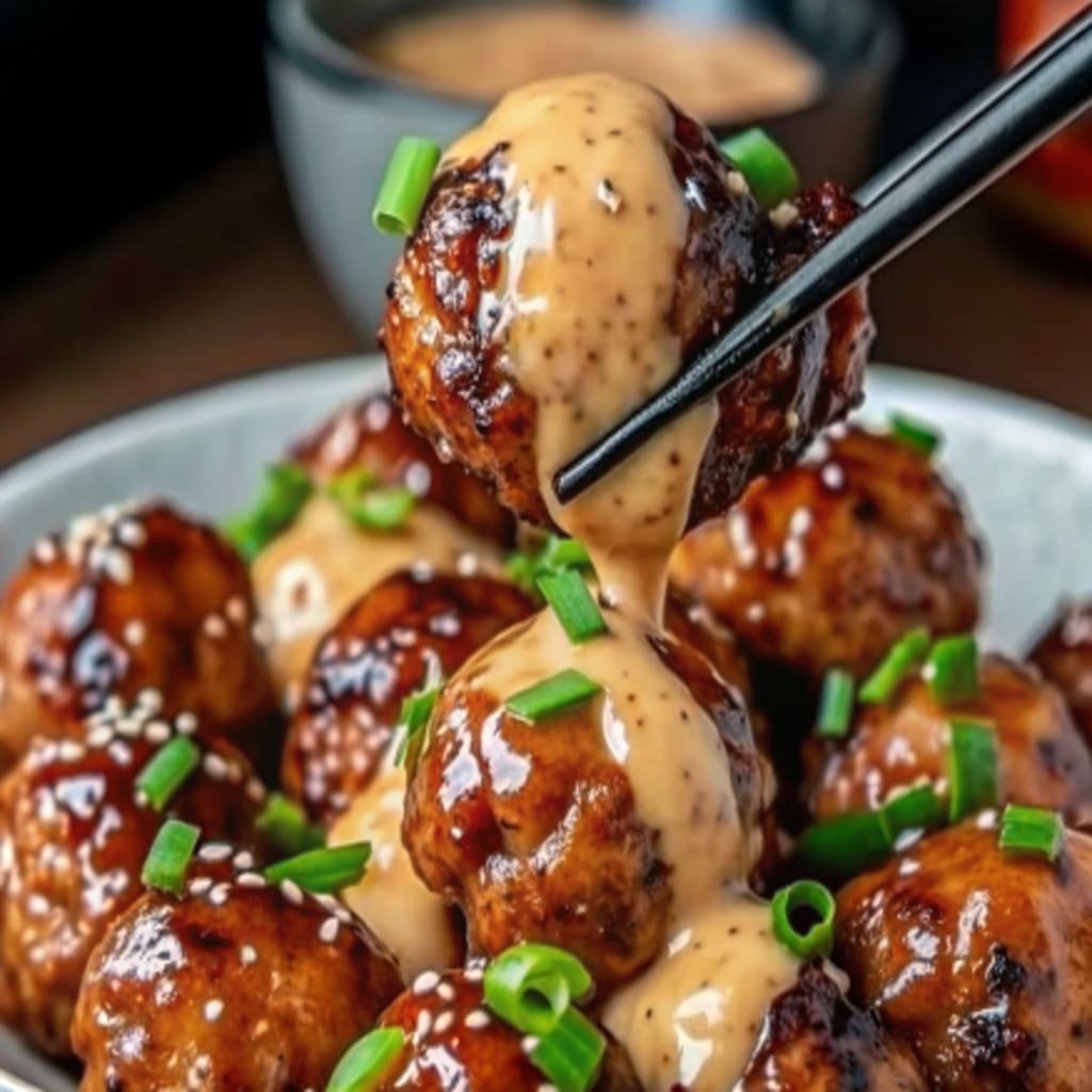 Korean BBQ Meatballs with Spicy Mayo Dip Korean BBQ Meatballs with Spicy Mayo Dip Platter of Korean BBQ meatballs with spicy dip