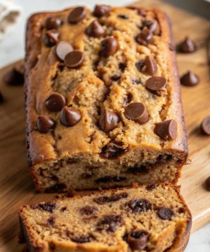  Peanut Butter Chocolate Chip Banana Bread loaf with chocolate chips