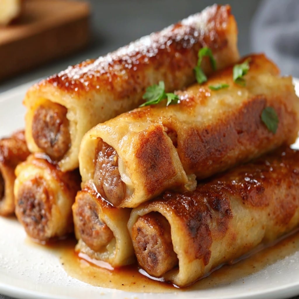 Sausage French Toast Roll-Ups served with syrup