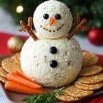 Snowman Christmas Cheese Ball party appetizer centerpiece.