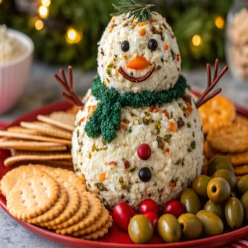 Snowman Christmas Cheese Ball party appetizer centerpiece.
