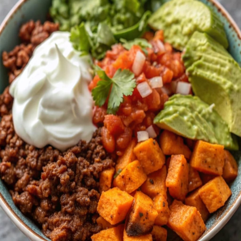 Sweet Potato Taco Bowl with seasoned meat and fresh toppings in a rustic bowl