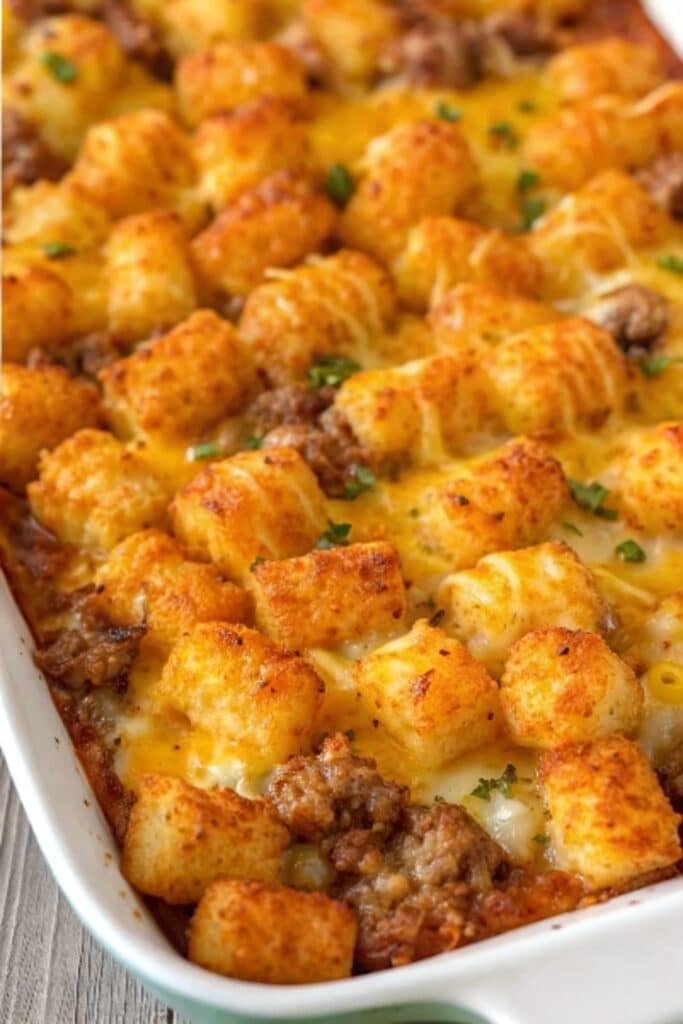 Tater Tot Sausage Breakfast Casserole fresh from oven