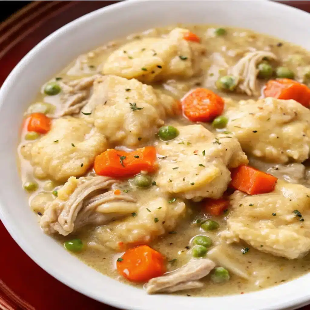 Hearty Crockpot Chicken and Dumplings ready to serve.