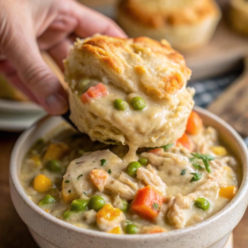Serving Easy Crockpot Chicken Pot Pie Recipe with biscuit