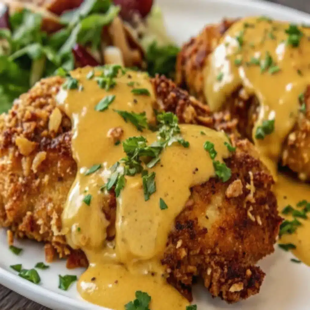 Pretzel Chicken with Mustard-Cheddar Sauce Pretzel Chicken with Mustard-Cheddar Sauce Pretzel Chicken with Mustard-Cheddar Sauce