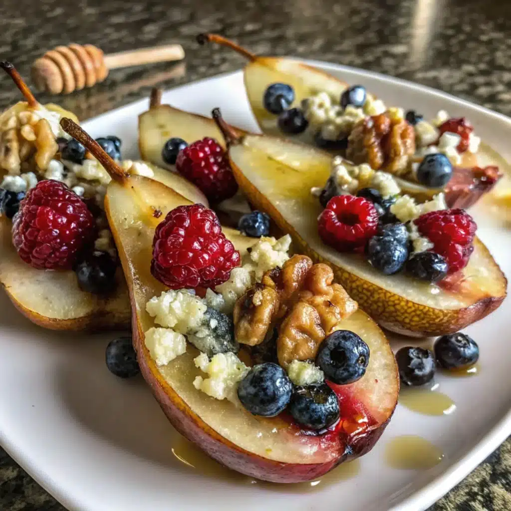 Baked Pears with Berries, Honey, Walnuts & Blue Cheese