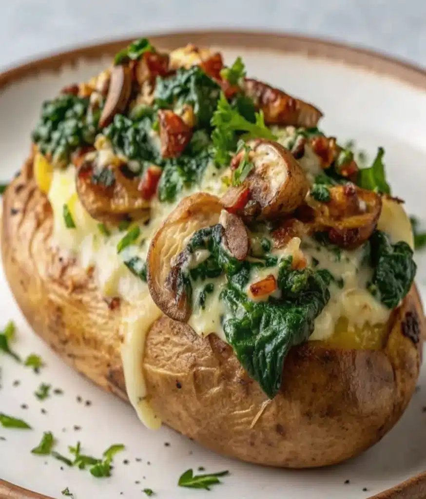 Easy Cheesy Stuffed Baked Potatoes with Spinach and Mushrooms