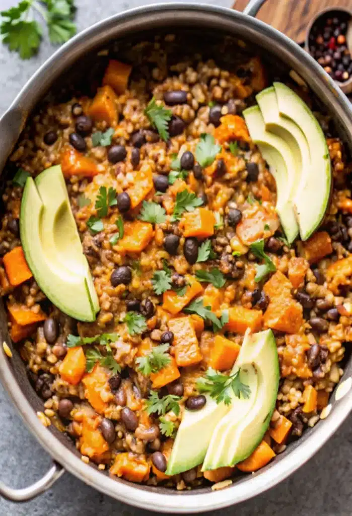 Southwest Sweet Potato, Black Bean and Rice Skillet