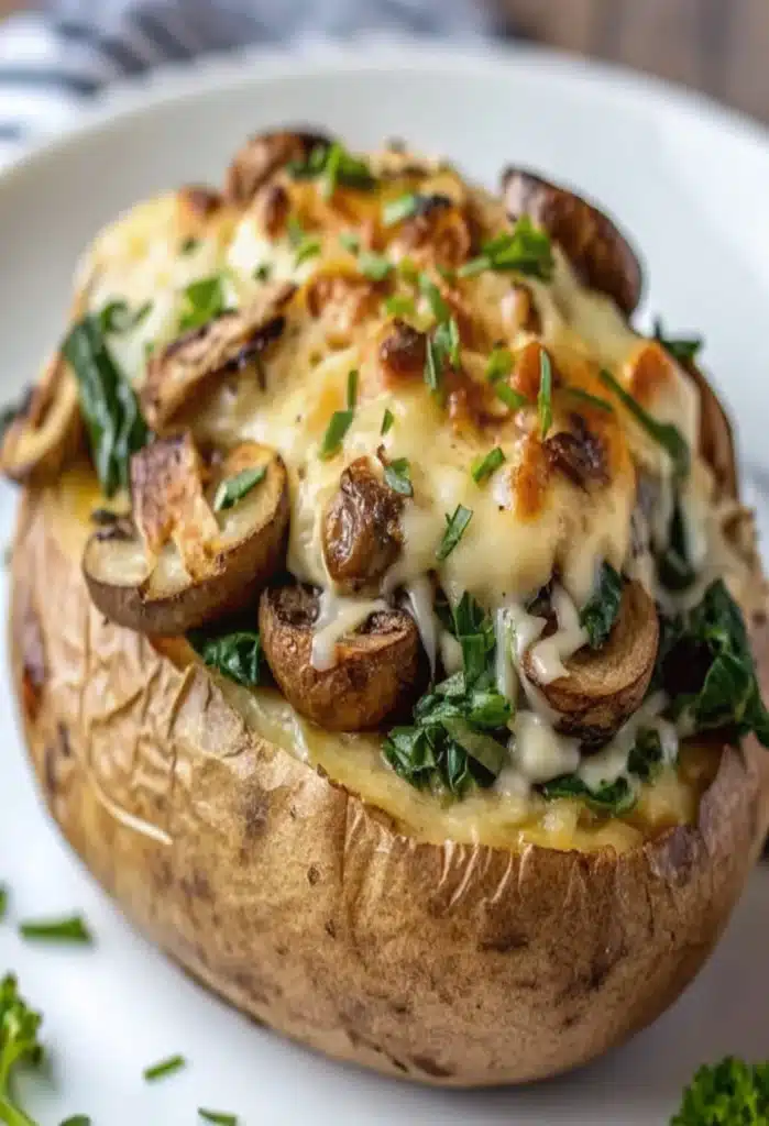 Easy Cheesy Stuffed Baked Potatoes with Spinach and Mushrooms