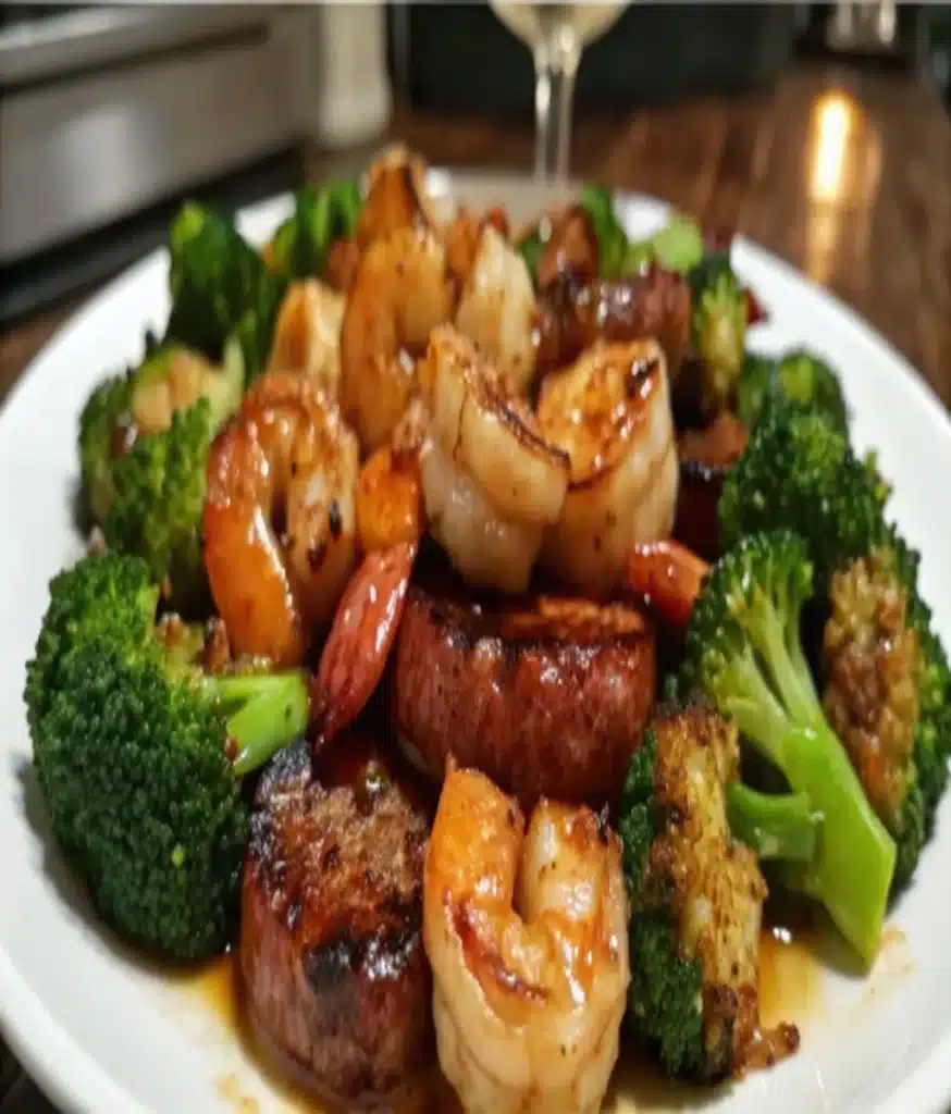 Honey garlic shrimps, sausage and broccoli