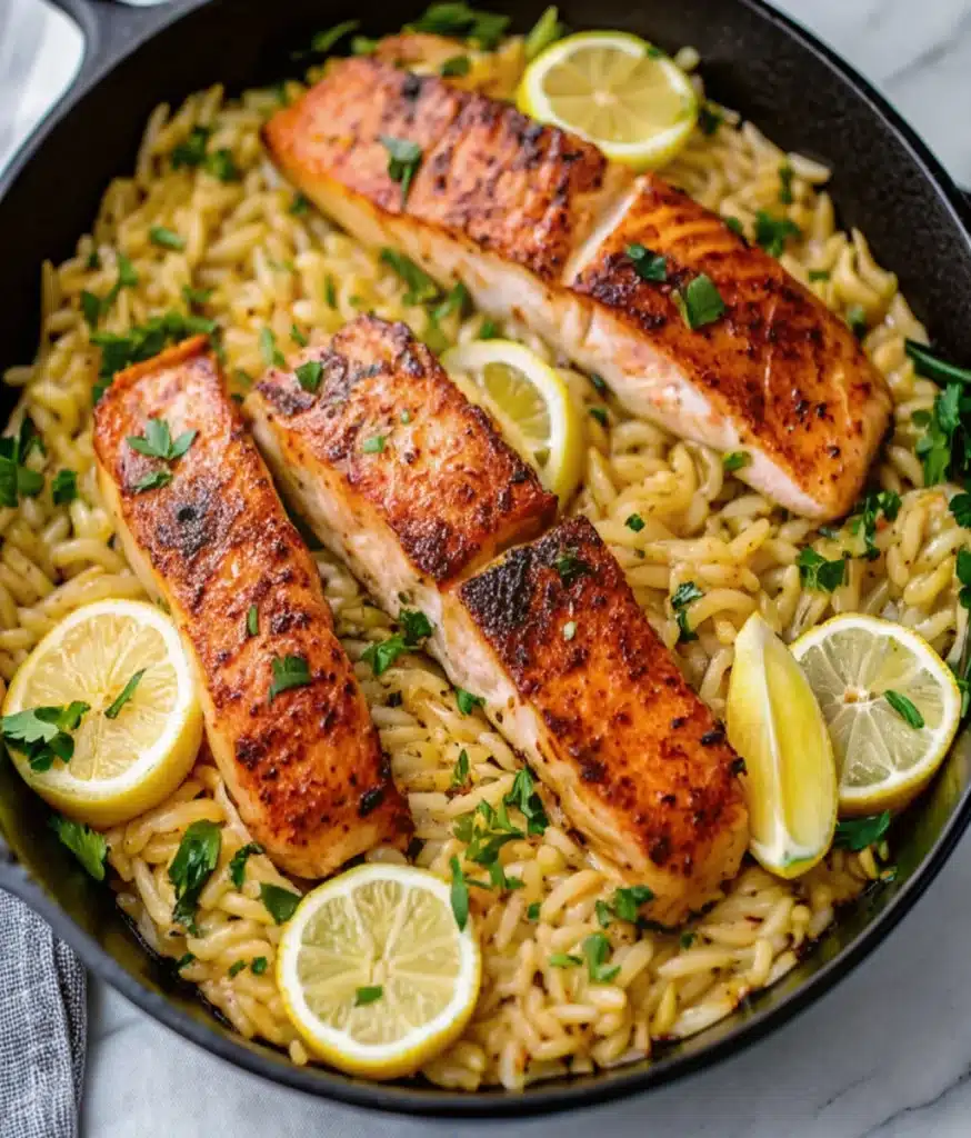 One Skillet Salmon with Lemon Orzo
